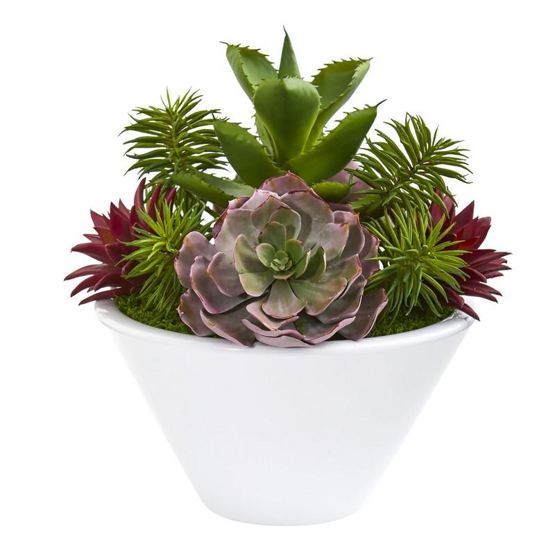 16"  Succulent Garden Artificial Plant in White Bowl Vase