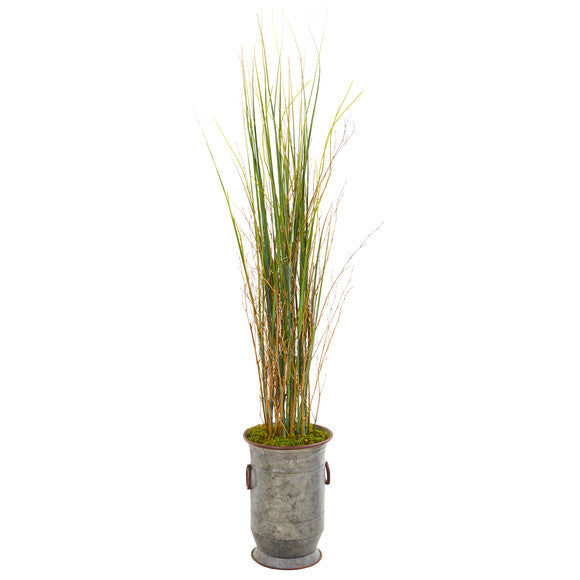 45" Grass and Bamboo Artificial Plant in Vintage Metal Planter