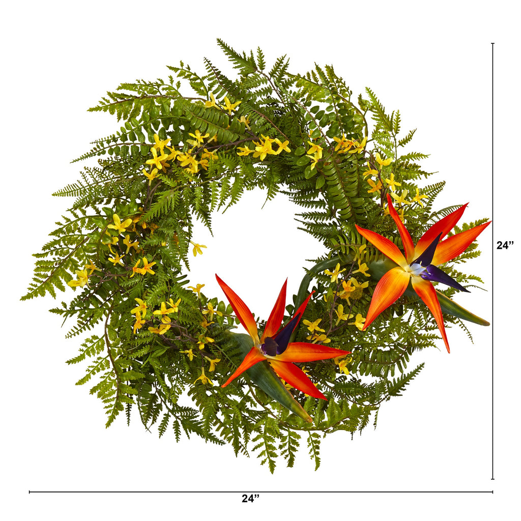 24" Mixed Fern, Forsythia and Bird of Paradise Artificial Wreath