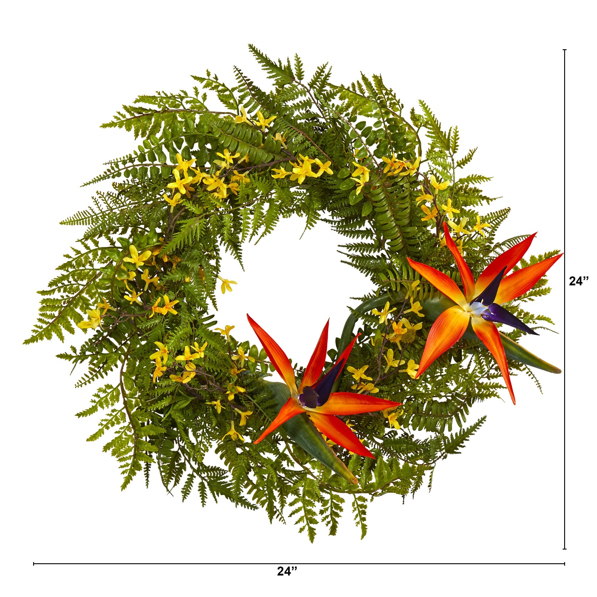 24" Mixed Fern, Forsythia and Bird of Paradise Artificial Wreath