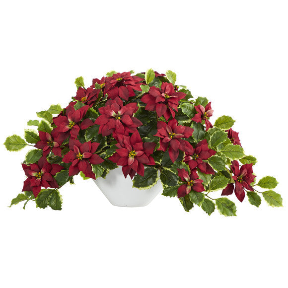20" Poinsettia and Variegated Holly Artificial Plant in Oval White Planter