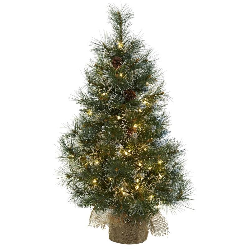 3' Christmas Tree w/Clear Lights, Frosted Tips, Pine Cones & Burlap Bag