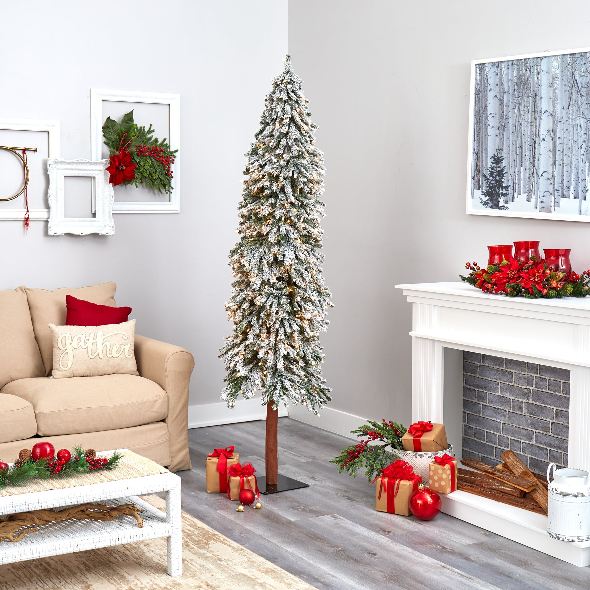 7' Flocked Gr& Alpine Artificial Christmas Tree w/ 400 Clear Lights