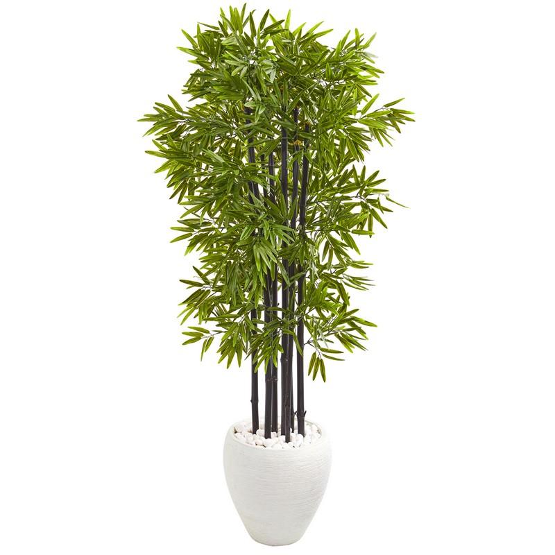 5' Bamboo Artificial Tree With Black Trunks In White Planter Uv Resistant