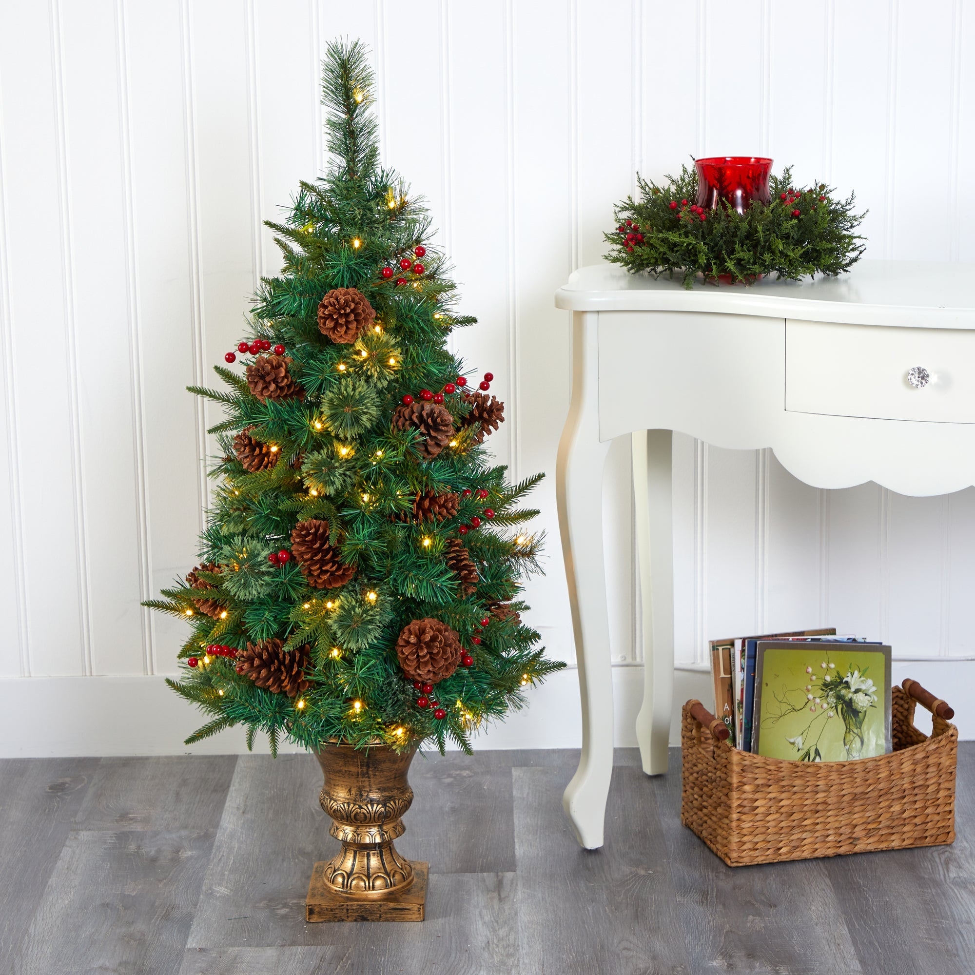 4' Pine, Pinecone and Berries Artificial Christmas Tree in Decorative Urn