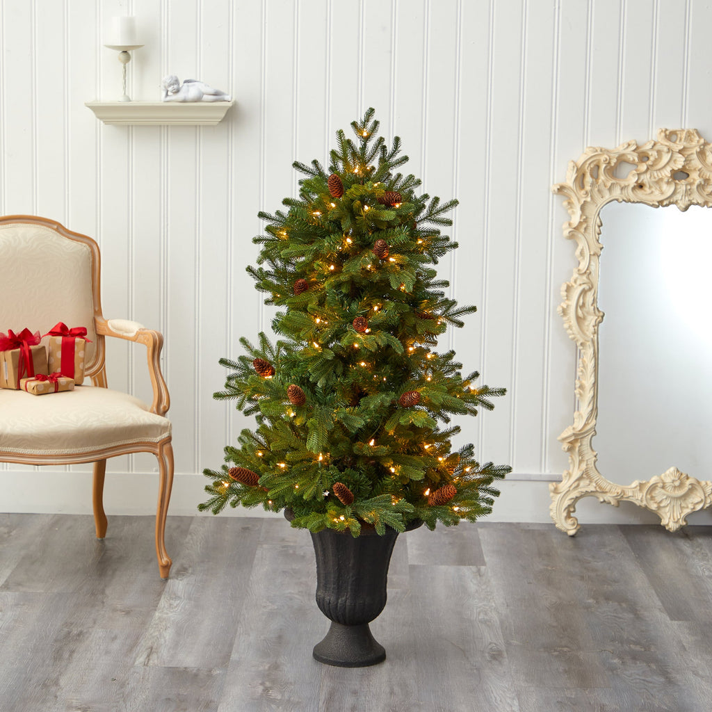 4.5' Yukon Mountain Fir Artificial Christmas Tree w/ 100 Clear Lights, Pine Cone