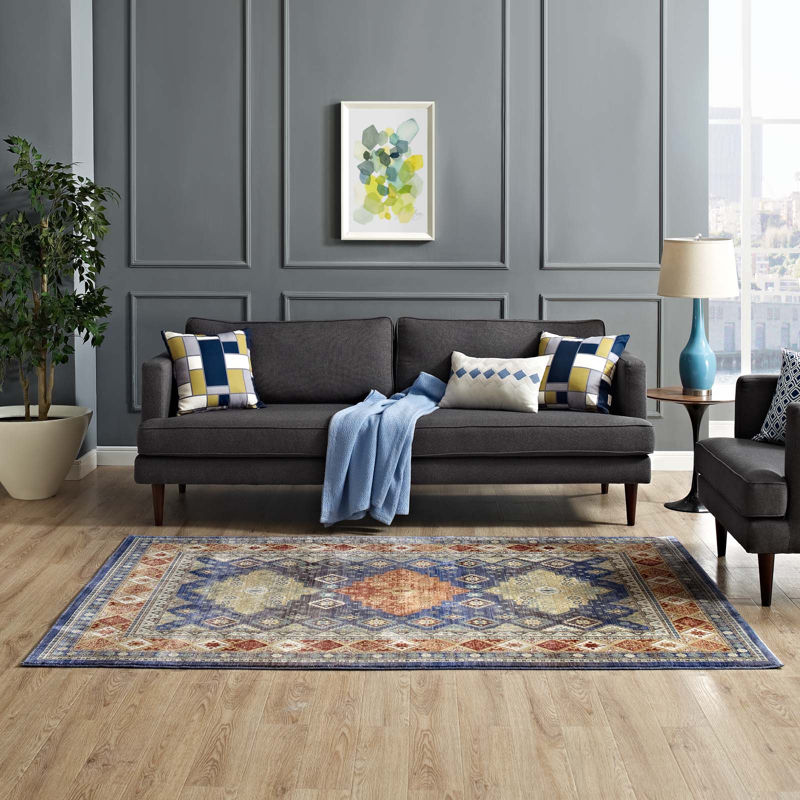 Atzi Distressed Southwestern Diamond Floral 5x8 Area Rug by Modway