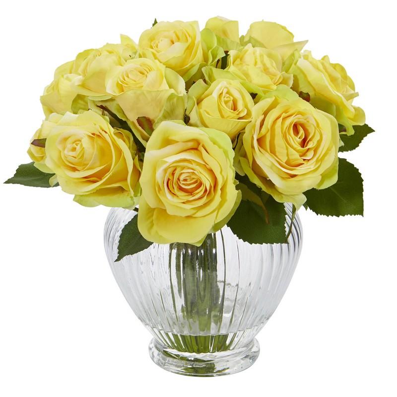 9"  Rose Artificial Floral Arrangement in Elegant Glass Vase