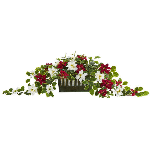 39" Poinsettia and Variegated Holly Artificial Plant in Decorative Planter