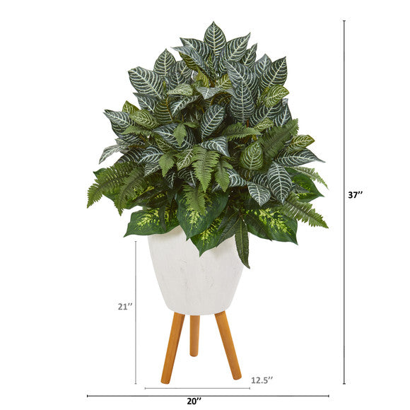 37" Mixed Greens Artificial Plant in White Planter with Stand