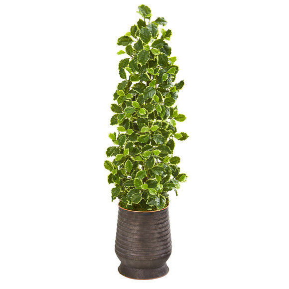 43" Variegated Holly Leaf Artificial Tree in Ribbed Metal Planter (Real Touch)