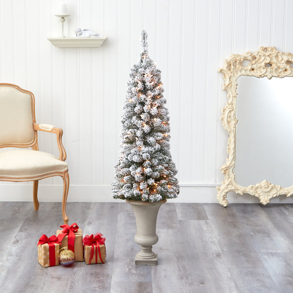 4.5' Flocked Pencil Artificial Christmas Tree w/ 100 Clear Lights & 216 Bendable