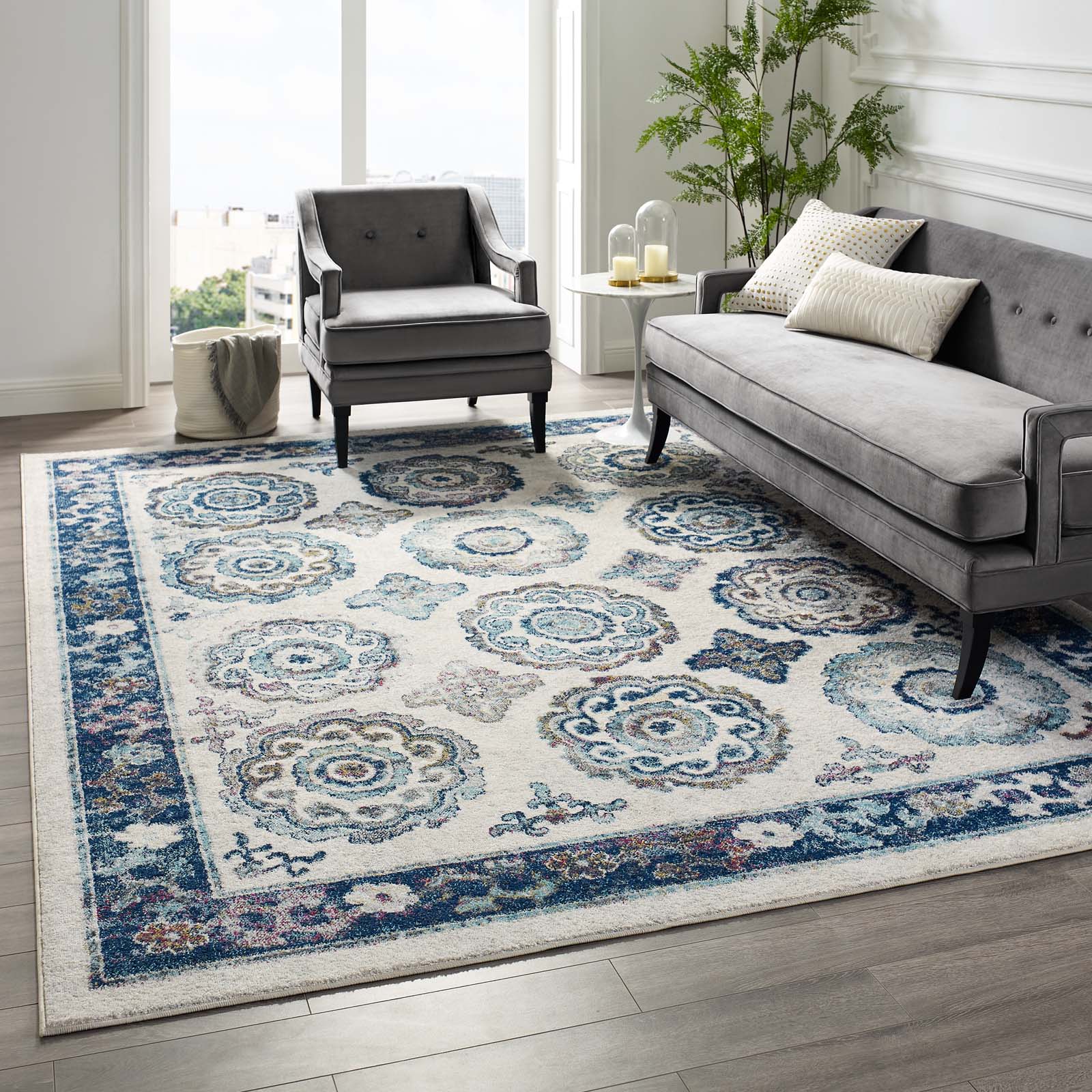 Entourage Odile Distressed Floral Moroccan Trellis 8x10 Area Rug by Modway