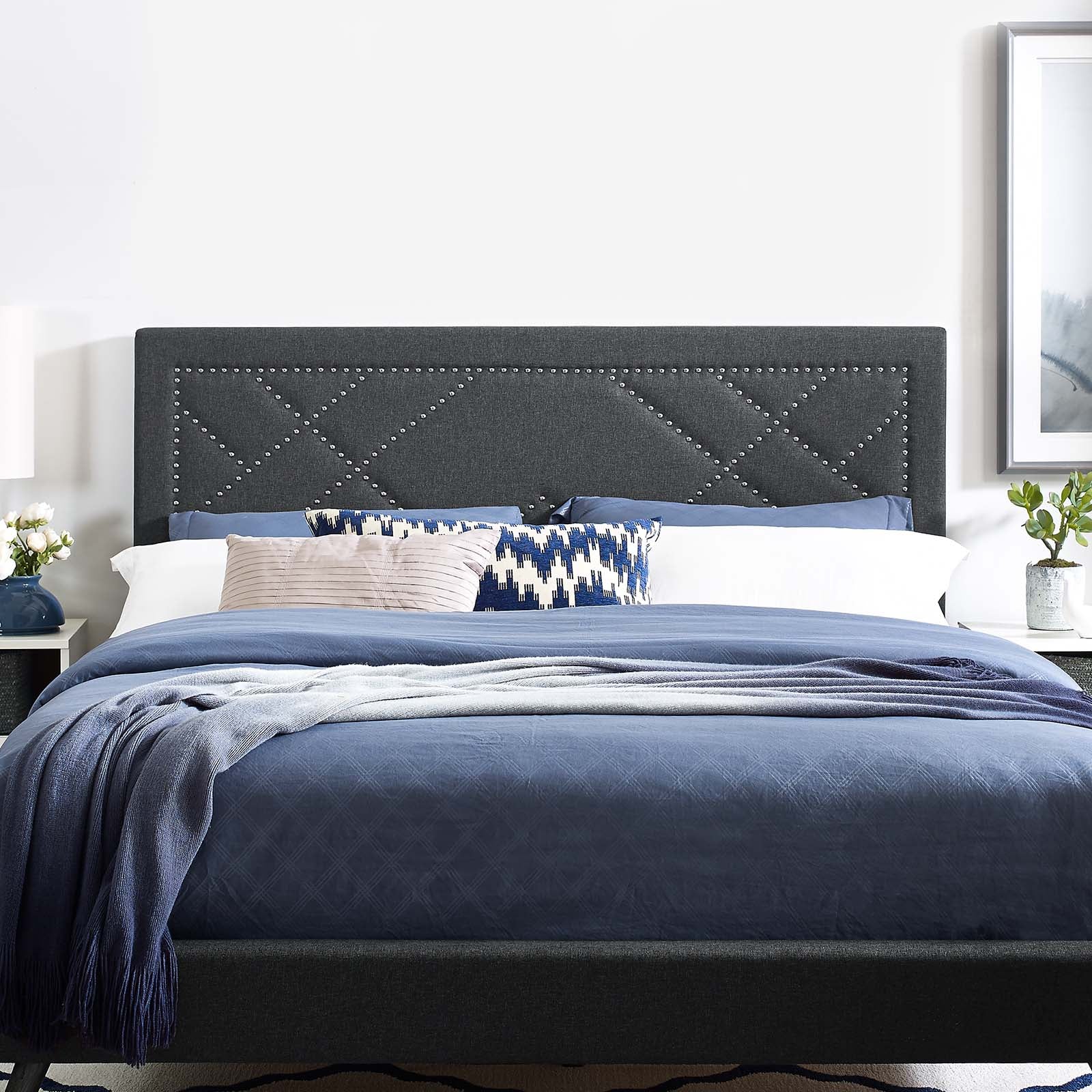 Reese Nailhead Upholstered Linen Fabric Full / Queen Headboard by Modway