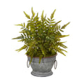 15"  Fern Artificial Plant in Vintage Metal Bowl with Copper Trimming