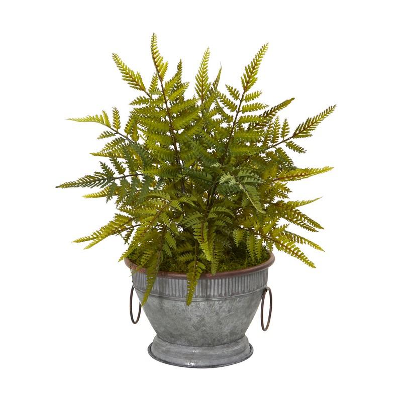15"  Fern Artificial Plant in Vintage Metal Bowl with Copper Trimming