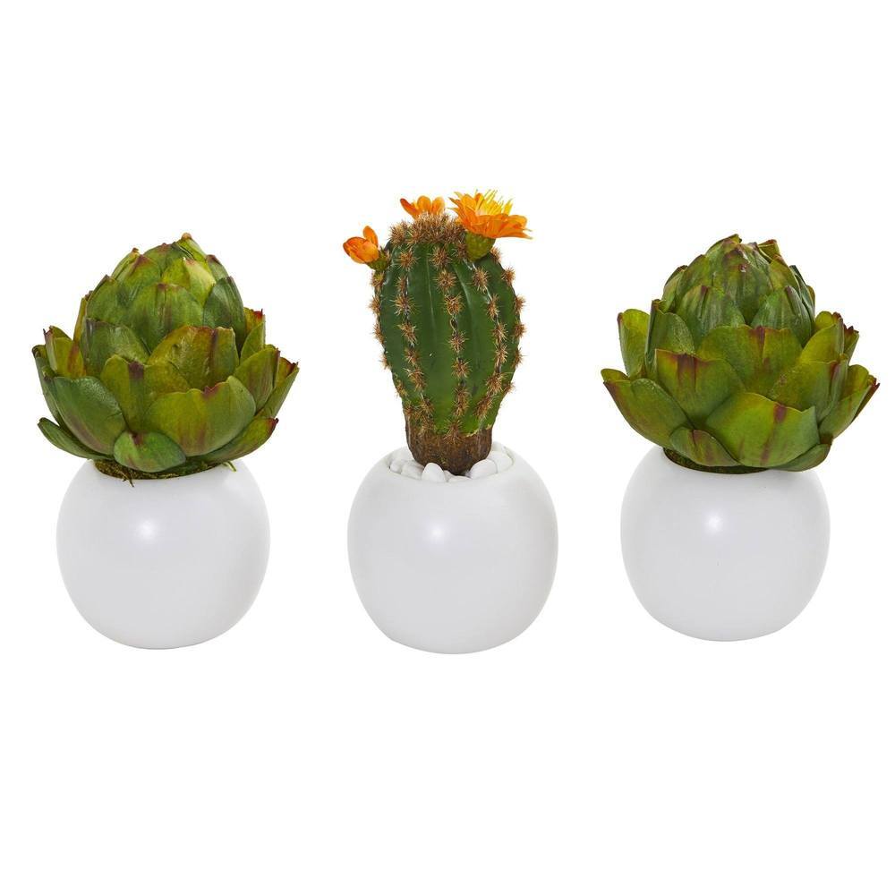 8"  Artichoke and Cactus Artificial Plant in White Planter (Set of 3)