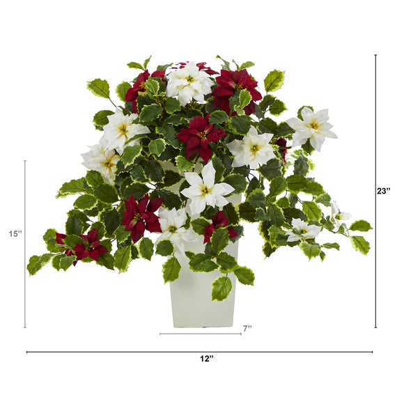 23" Poinsettia and Variegated Holly Artificial Plant in Decorative Planter