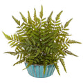 12"  Fern Artificial Plant in Turquoise Bowl with Silver Trimming