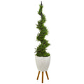 6' Cypress Artificial Spiral Topiary Tree in White Planter with Stand