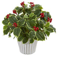 15"  Variegated Holly Leaf Artificial Plant in Vase (Real Touch)