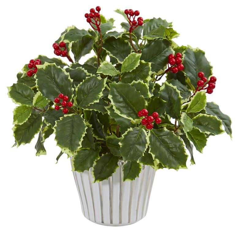 15"  Variegated Holly Leaf Artificial Plant in Vase (Real Touch)