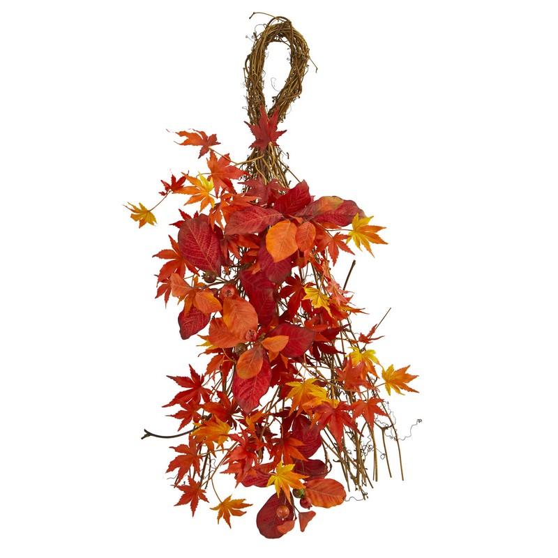 26"  Mixed Japanese Maple, Magnolia Leaf and Berries Artificial Teardrop