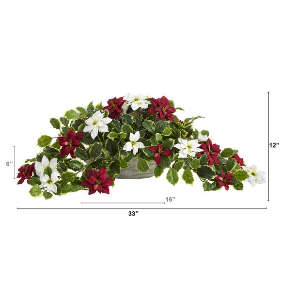 33" Poinsettia and Variegated Holly Artificial Plant in Planter (Real Touch)