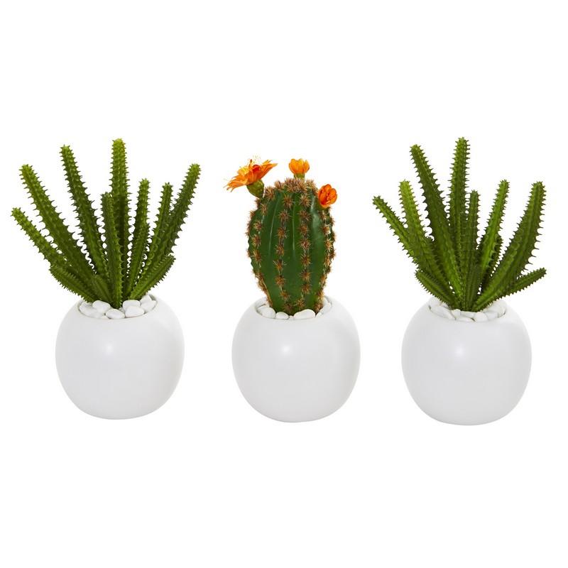 8"  Cactus Succulent Artificial Plant in White Planter (Set of 3)