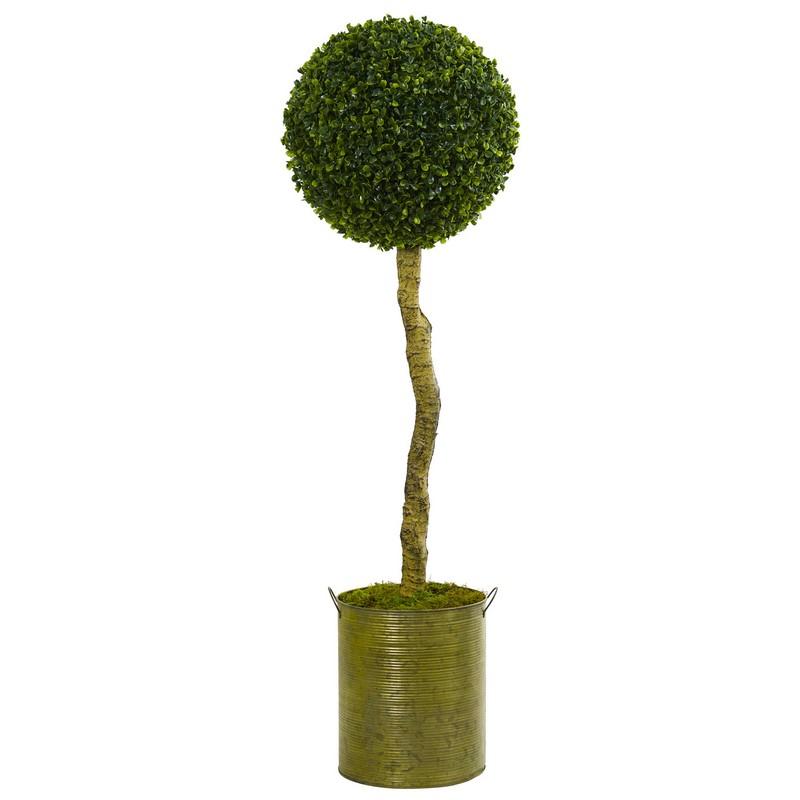 4' Boxwood Ball Topiary Artificial Tree in Green Tin Planter UV Resistant