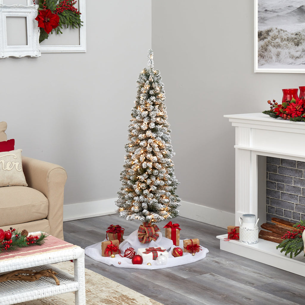 5' Flocked Pencil Artificial Christmas Tree w/ 200 Clear Lights & 318 Bendable