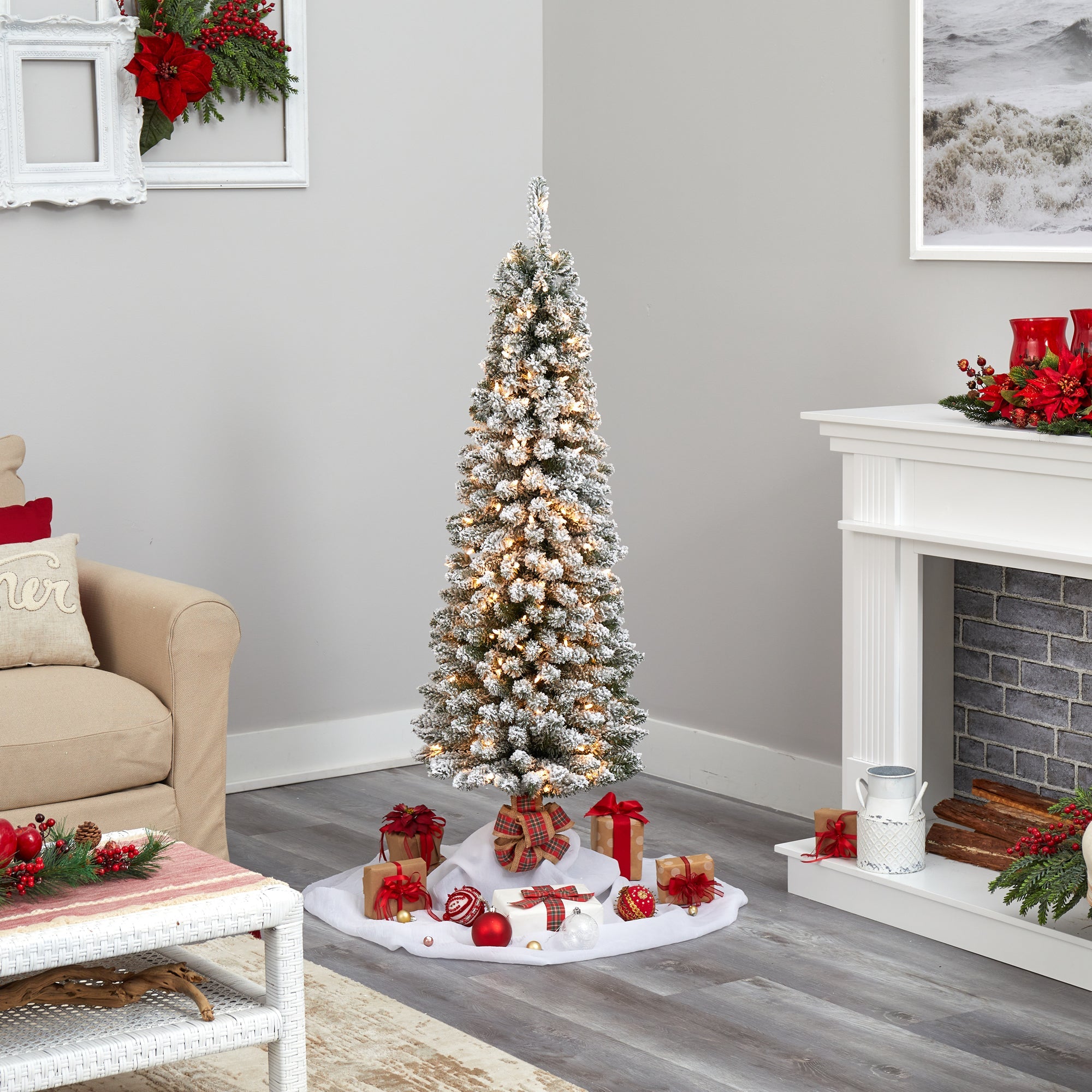 5' Flocked Pencil Artificial Christmas Tree w/ 200 Clear Lights & 318 Bendable
