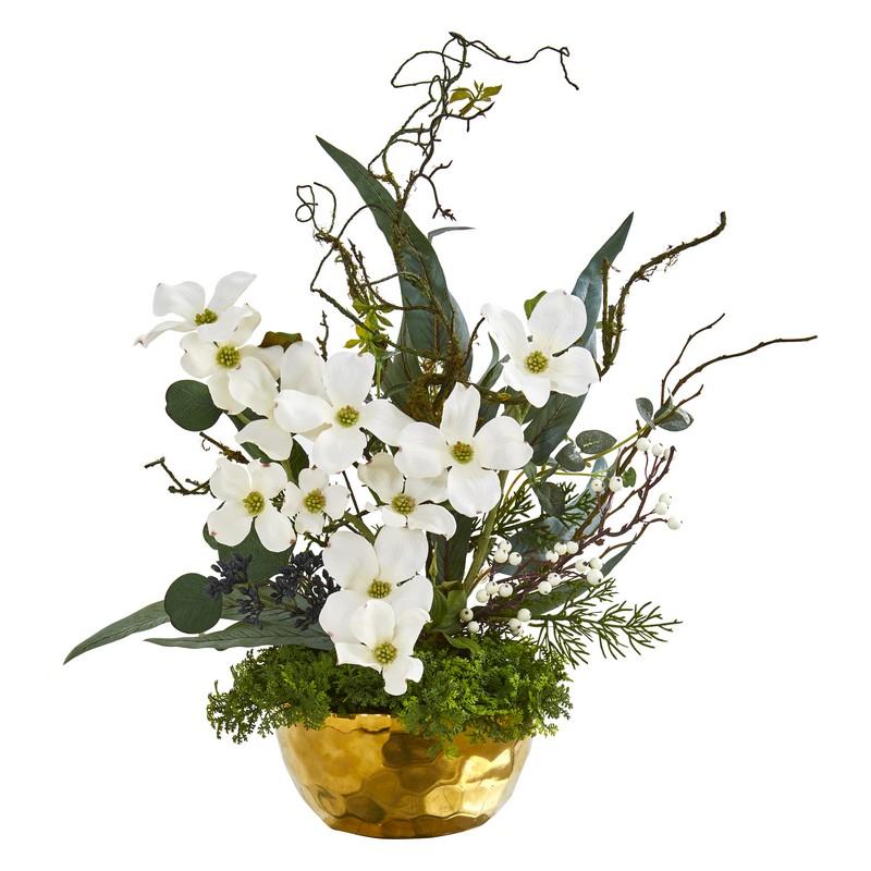 23"  Dogwood Artificial Arrangement in Gold Vase