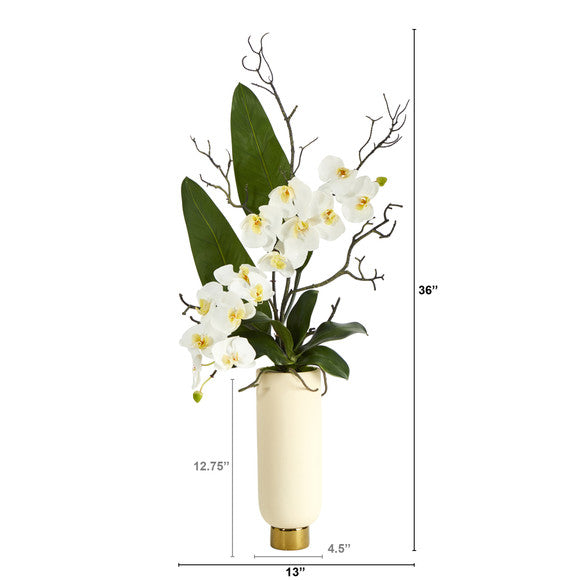 3' Phalaenopsis Orchid Artificial Arrangement in Cream Vase with Gold Base