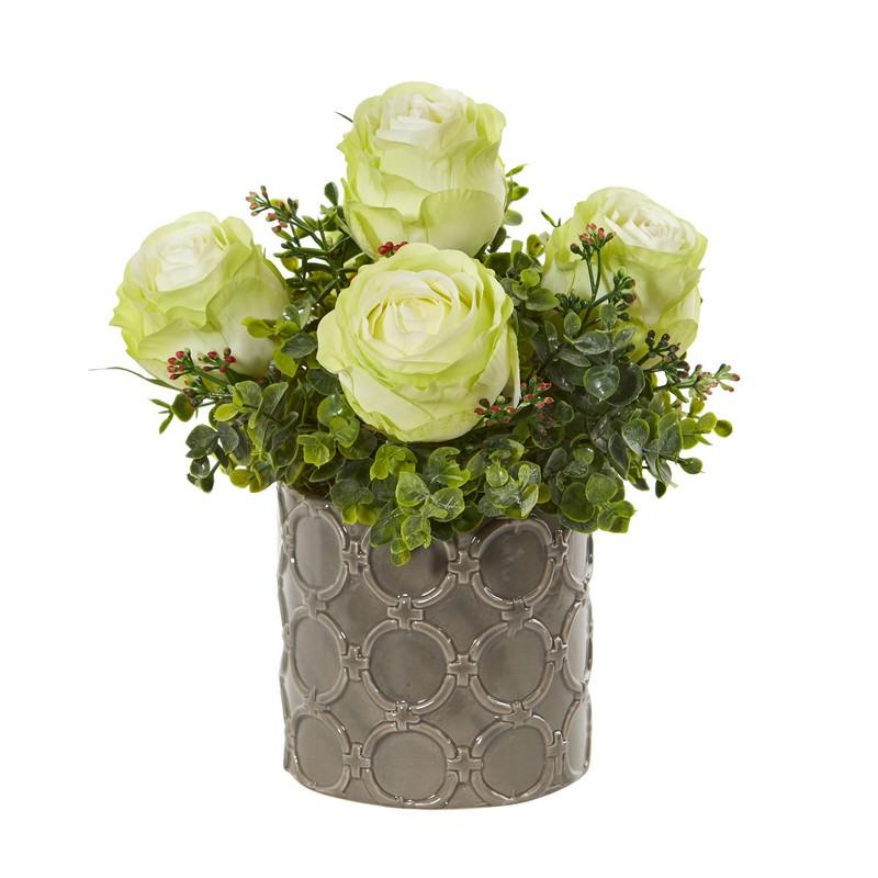 11"  Roses and Eucalyptus Artificial Arrangement in Designer Vase