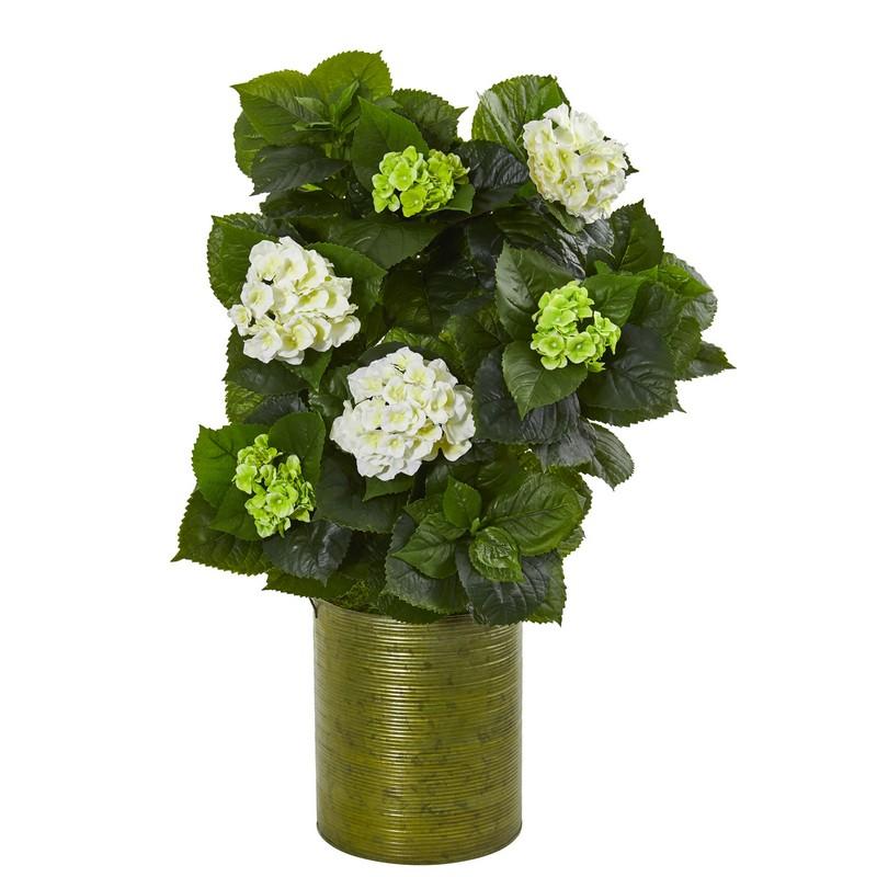32"  Hydrangea Artificial Plant in Metal Green Planter