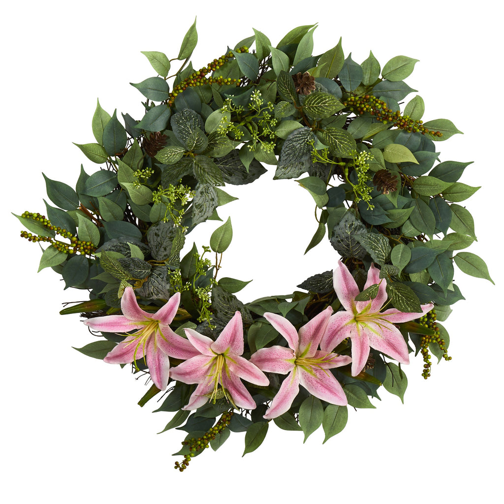 23" Mixed Ruscus, Lily, Fittonia and Berries Artificial Wreath