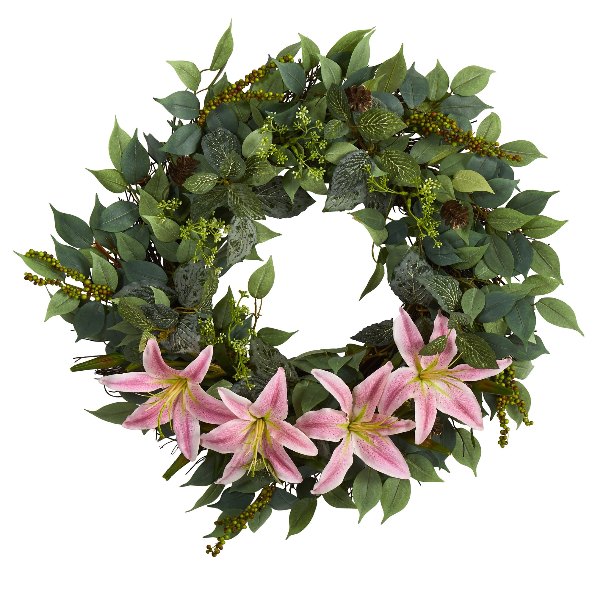 23" Mixed Ruscus, Lily, Fittonia and Berries Artificial Wreath