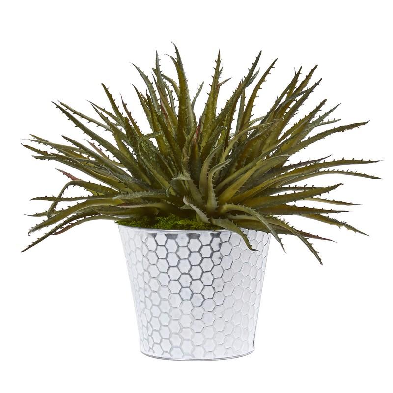 13"  Aloe Artificial Plant in White Embossed Planter