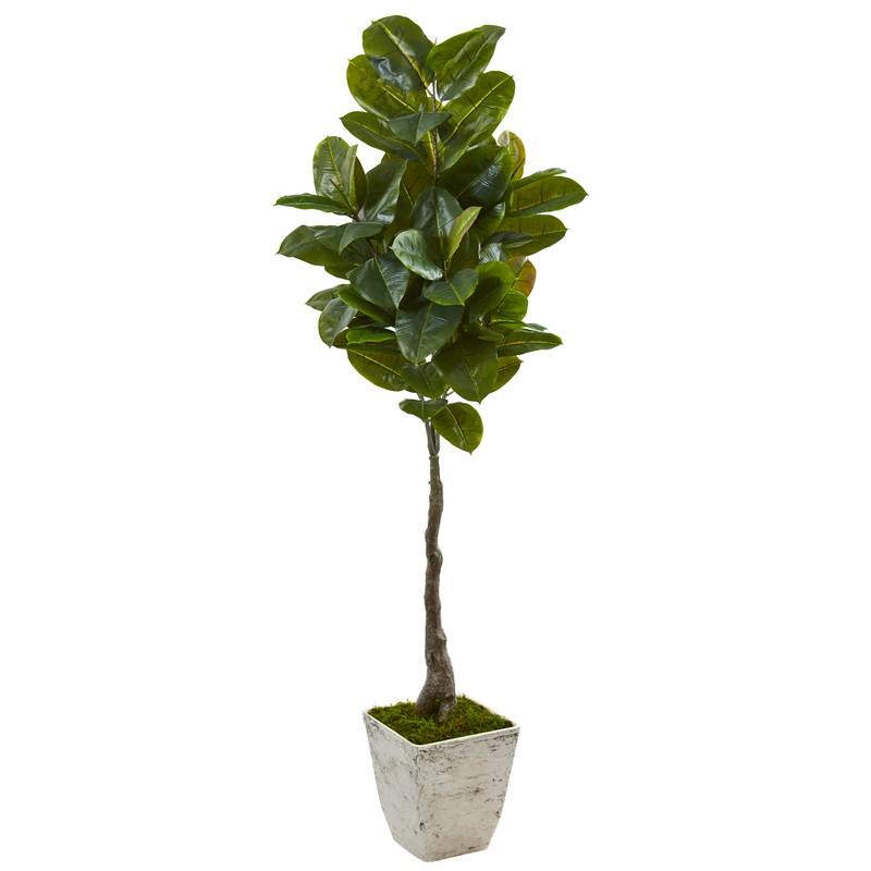67" Rubber Leaf Artificial Tree In White Planter (Real Touch)