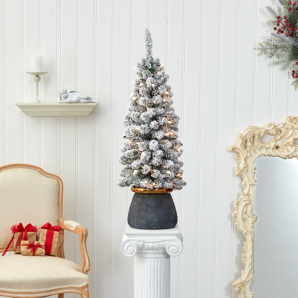 40' Flocked Pencil Artificial Christmas Tree w/ 50 Clear Lights & 132 Bendable