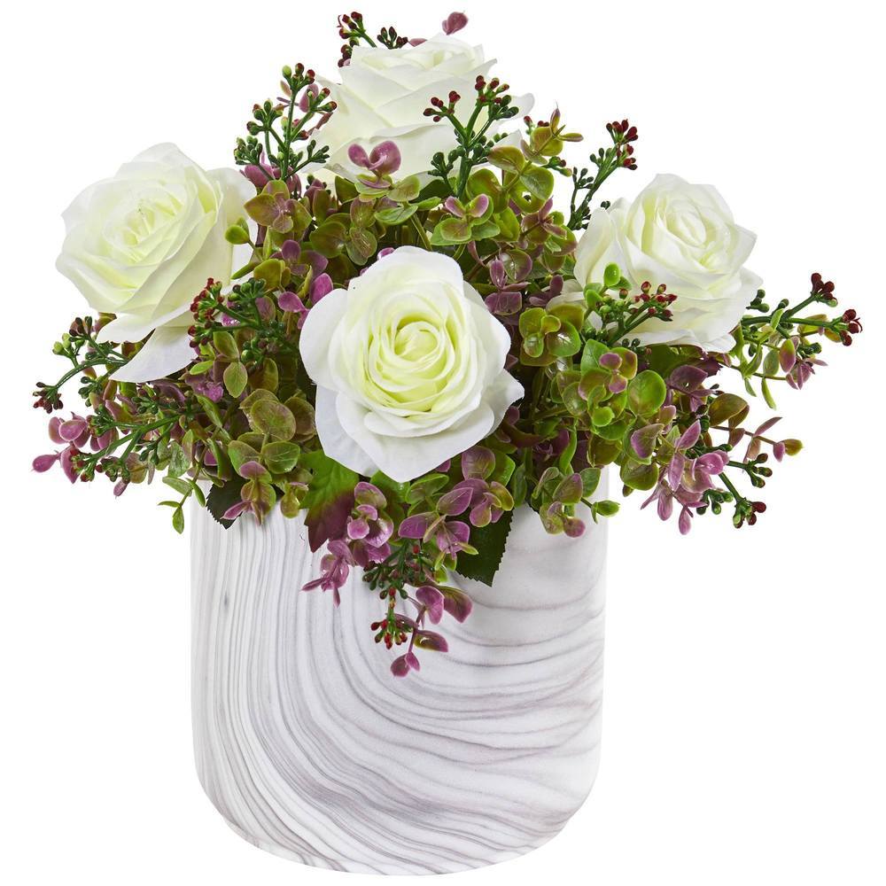 13"  Roses & Eucalyptus Artificial Arrangement in Marble Finished Vase