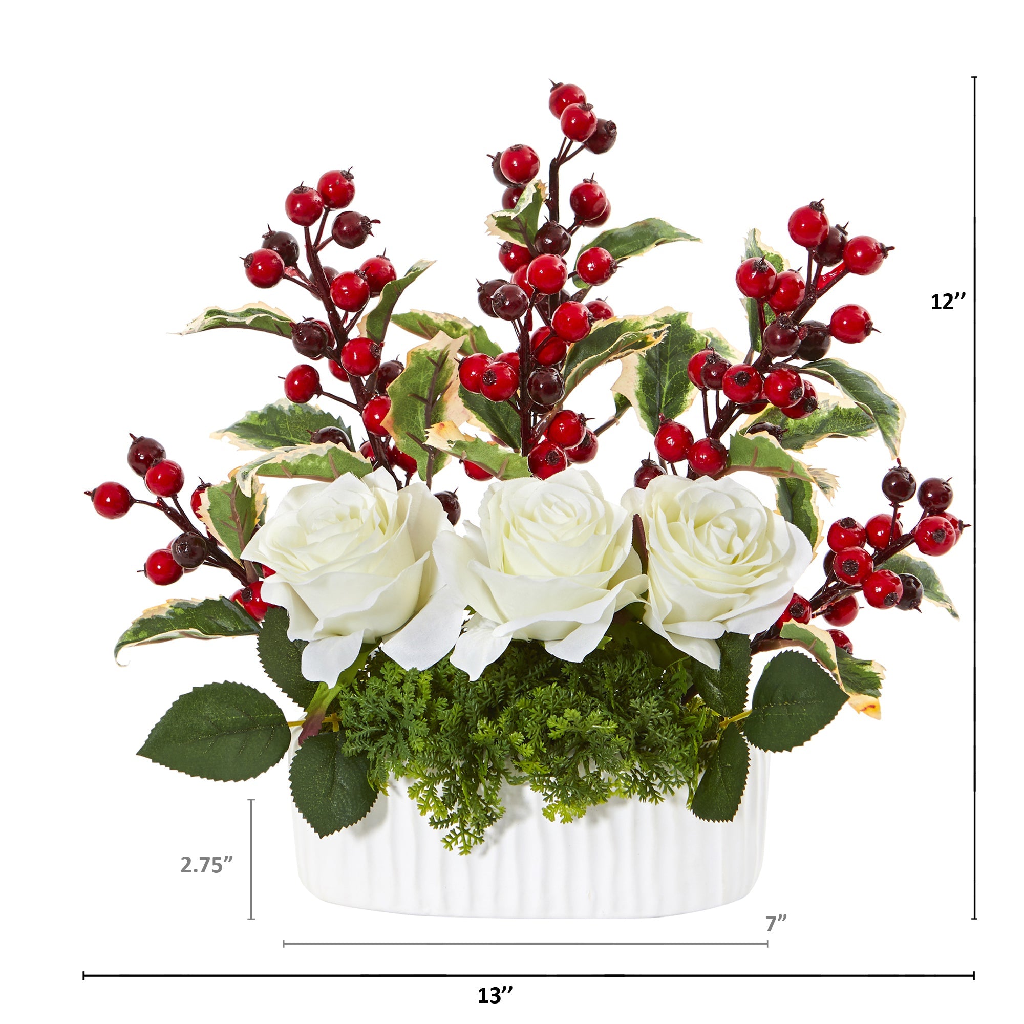 12" Rose and Holly Berry Artificial Arrangement in White Vase