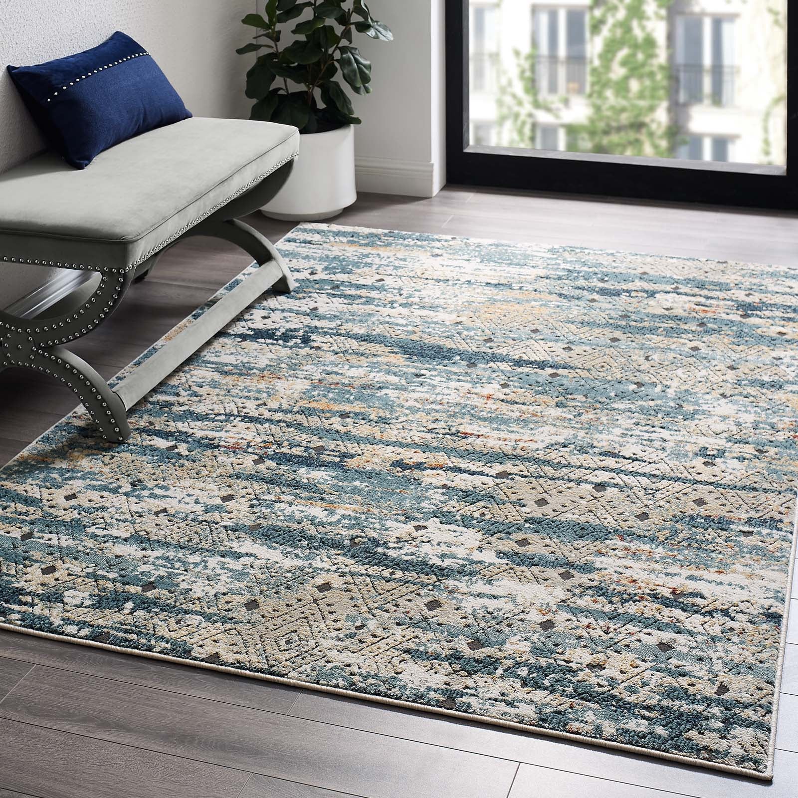 Tribute Eisley Rustic Distressed Transitional Diamond Lattice 5x8 Area Rug by Modway