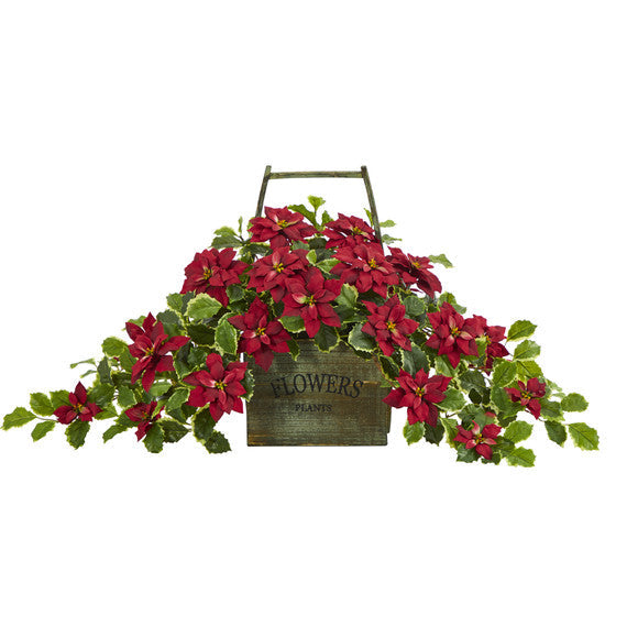 18" Poinsettia and Variegated Holly Artificial Plant
