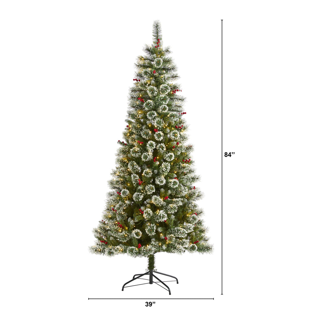 7' Frosted Swiss Pine Artificial Christmas Tree w/ 400 Clear LED Lights & Berrie
