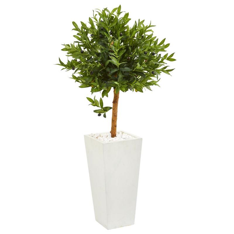 4' Olive Topiary Artificial Tree In White Planter Uv Resistant (Indoor/Outdoor)