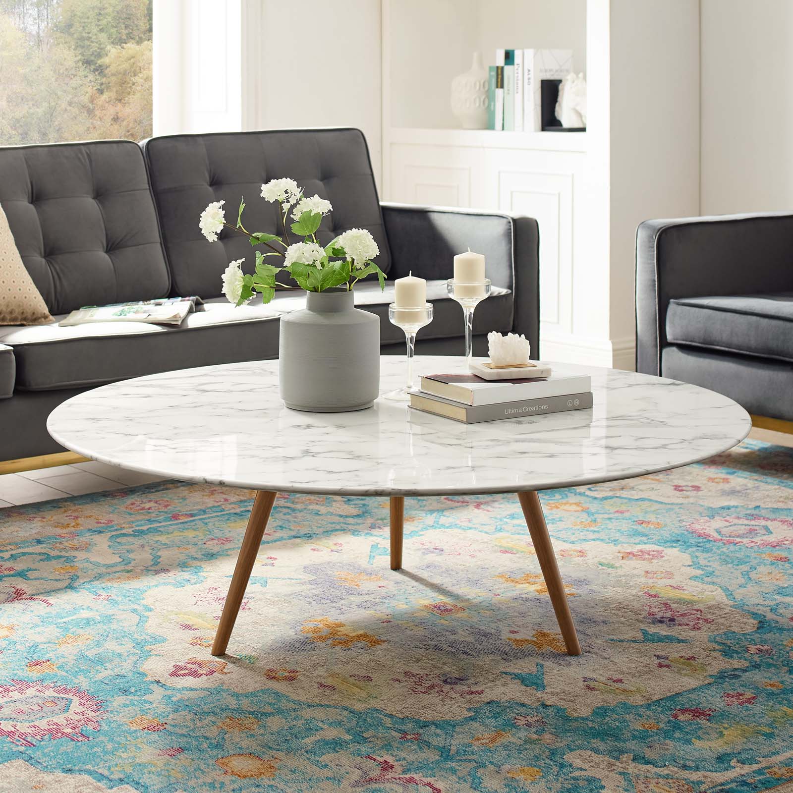 Lippa 48" Round Faux Marble Coffee Table with Tripod Base by Modway