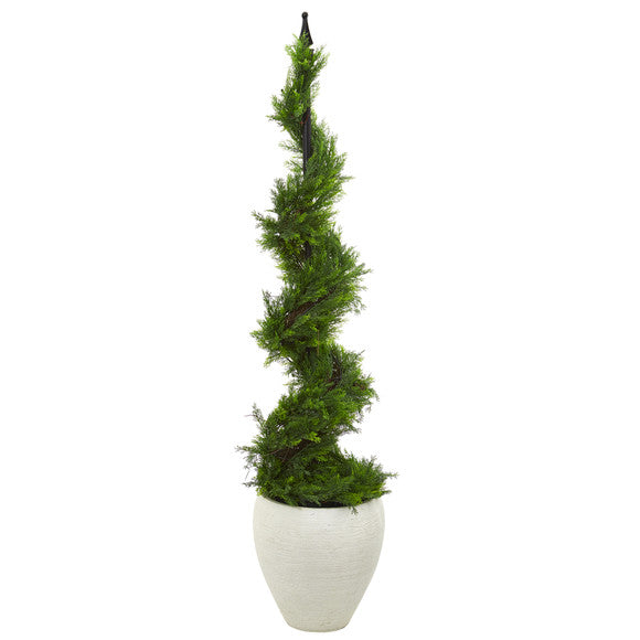 4.5' Cypress Artificial Spiral Topiary Tree in White Planter