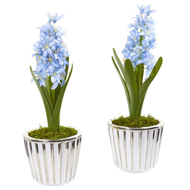 13" Hyacinth Artificial Arrangement in White Vase with Silver Trimming /Set of 2